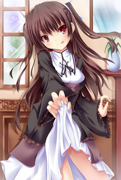 Anime picture 1024x1519 with mayo chiki! feel (studio) suzutsuki kanade gero-dog (artist) single long hair tall image red eyes brown hair indoors two side up girl dress tongue