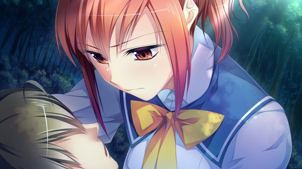 Anime picture 1280x720 with gensou douwa alicetale short hair red eyes wide image game cg red hair girl boy uniform plant (plants) school uniform tree (trees)