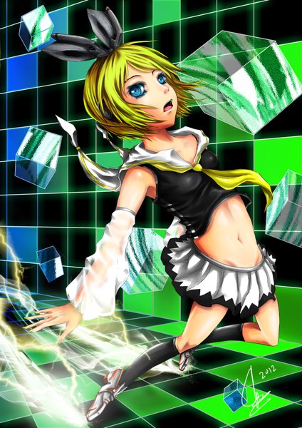 Anime picture 1240x1754 with vocaloid kagamine rin single tall image fringe short hair breasts open mouth blue eyes blonde hair girl navel detached sleeves socks boots hairband headphones black socks