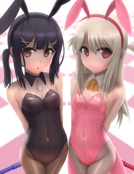 Anime picture 1000x1300 with fate (series) fate/kaleid liner prisma illya illyasviel von einzbern miyu edelfelt siraha long hair tall image looking at viewer blush open mouth light erotic black hair standing twintails bare shoulders multiple girls brown eyes animal ears white hair pink eyes