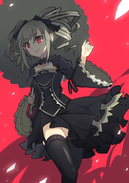 Anime picture 2480x3508 with idolmaster idolmaster cinderella girls kanzaki ranko tsubasa19900920 single long hair tall image looking at viewer blush fringe highres smile red eyes standing twintails holding long sleeves arm up wind grey hair