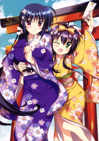 Anime picture 2872x4098 with mahou shoujo lyrical nanoha fujima takuya long hair tall image blush highres open mouth smile red eyes multiple girls green eyes blue hair purple hair traditional clothes japanese clothes one eye closed hair flower wink scan girl
