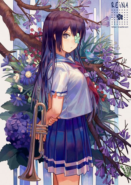 Anime picture 1556x2200 with hibike! euphonium kyoto animation kousaka reina zicai tang single long hair tall image looking at viewer fringe standing purple eyes purple hair pleated skirt short sleeves hands behind back expressionless covering eye (eyes) flower over eye girl skirt