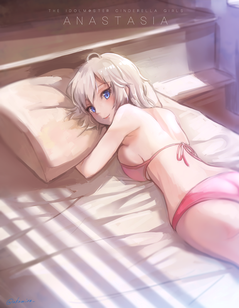 Anime picture 835x1074 with idolmaster idolmaster cinderella girls anastasia (idolmaster) akame (akamiru) single tall image looking at viewer blush fringe short hair breasts light erotic smile large breasts bare shoulders signed silver hair ahoge indoors lying