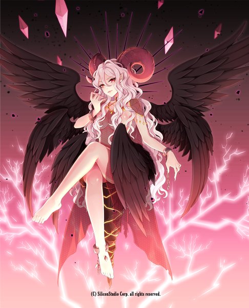 Anime picture 810x1000 with original millgua single long hair tall image looking at viewer red eyes white hair barefoot horn (horns) pointy ears bare legs crossed legs wavy hair girl wings