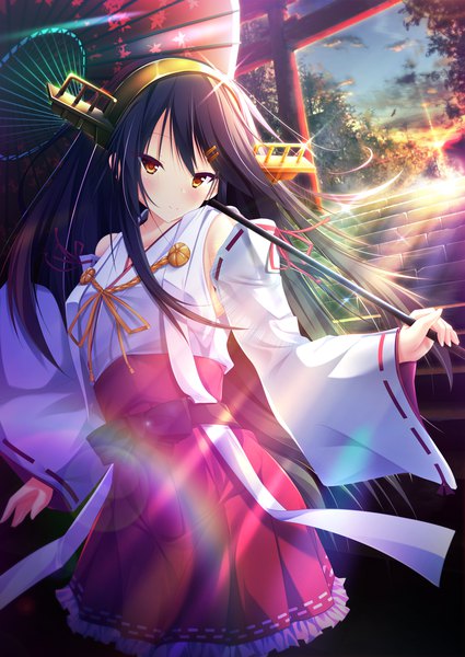 Anime picture 1280x1807 with kantai collection haruna battleship amano kokoro single long hair tall image looking at viewer blush black hair brown eyes sky traditional clothes head tilt japanese clothes light smile sunlight sunbeam nontraditional miko morning sunrise