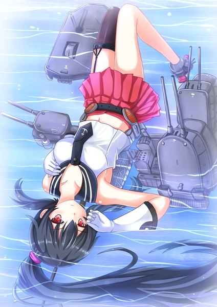 Anime picture 1000x1414 with kantai collection yahagi light cruiser kazenokaze single long hair tall image looking at viewer blush black hair red eyes ponytail girl thighhighs skirt gloves weapon black thighhighs water necktie single thighhigh