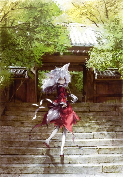Anime picture 3221x4597 with original eshi 100-nin ten banpai akira single long hair tall image looking at viewer highres animal ears absurdres white hair traditional clothes japanese clothes animal tail silver eyes girl plant (plants) kimono stairs