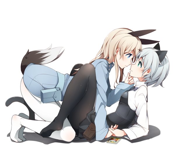 Anime picture 1600x1400 with strike witches sanya v. litvyak eila ilmatar juutilainen kinakomoti (artist) long hair blush fringe short hair blue eyes light erotic simple background blonde hair white background multiple girls animal ears bent knee (knees) tail animal tail aqua eyes grey hair