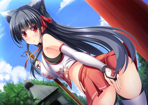 Anime picture 1600x1131 with original liya single long hair blush light erotic black hair red eyes animal ears sky cloud (clouds) girl skirt detached sleeves miniskirt