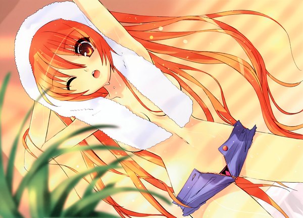 Anime picture 4216x3041 with bee-be-beat it! kujou hachie itou noiji single long hair highres breasts open mouth light erotic absurdres one eye closed wink orange hair midriff orange eyes spread arms open shorts girl navel underwear