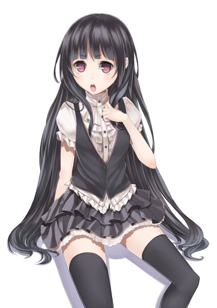Anime picture 1000x1414 with original ray-akila single long hair tall image open mouth black hair simple background red eyes white background girl thighhighs dress black thighhighs
