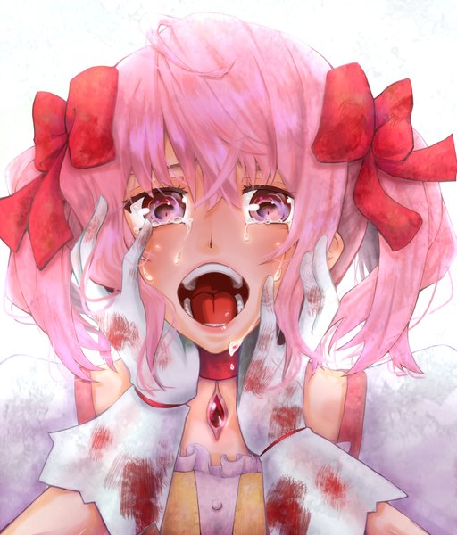Anime picture 1536x1800 with mahou shoujo madoka magica shaft (studio) kaname madoka rainyday 7th single tall image open mouth simple background white background twintails pink hair pink eyes teeth tears short twintails face crying girl gloves tongue
