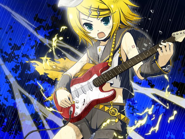 Anime picture 1024x768 with vocaloid kagamine rin shiramori yuse single short hair open mouth blonde hair aqua eyes sailor collar playing instrument treble clef girl detached sleeves shorts musical instrument guitar musical note electric guitar