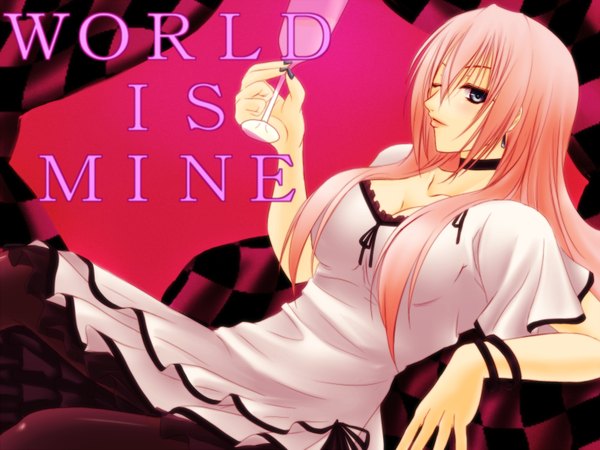 Anime picture 1600x1200 with vocaloid world is mine (vocaloid) megurine luka harukaze tsukushi single long hair blue eyes pink hair lying girl dress earrings wine glass