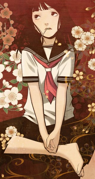 Anime picture 1067x2000 with original hino kahoru single long hair tall image black hair sitting barefoot black eyes girl flower (flowers) serafuku