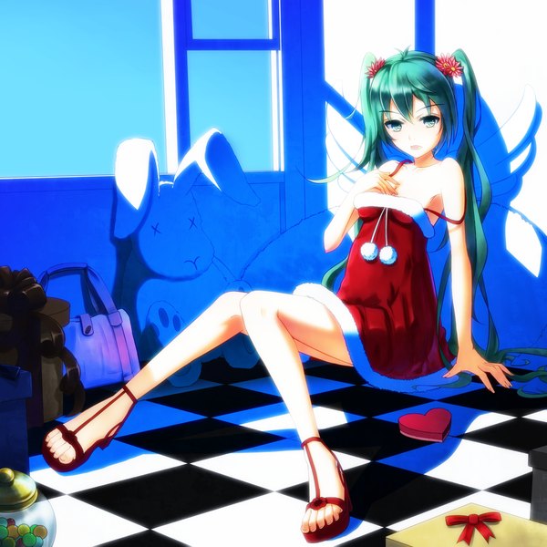 Anime picture 1200x1200 with vocaloid hatsune miku yuragi (amriel) single long hair looking at viewer open mouth sitting twintails bare shoulders hair flower aqua eyes aqua hair arm support legs strap slip checkered floor girl hair ornament food