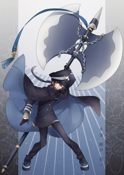 Anime picture 800x1130 with original asuda (artist) single long hair tall image open mouth black hair ponytail black eyes boy gloves weapon glasses cape peaked cap huge weapon