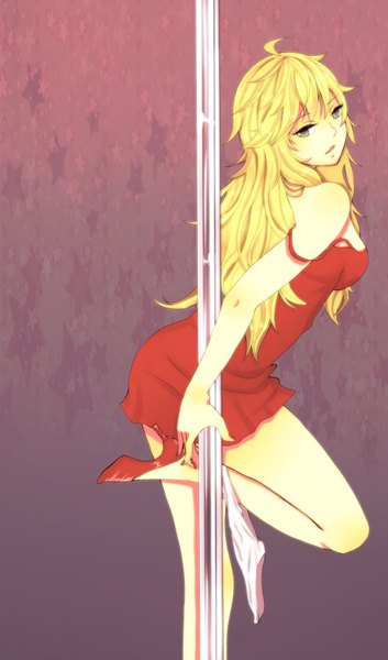 Anime picture 1181x2007 with panty & stocking with garterbelt anarchy panty hinno (voicelove) single long hair tall image open mouth light erotic blonde hair standing yellow eyes ahoge bent knee (knees) high heels sideboob standing on one leg strap slip messy hair panties around one leg pole dancing