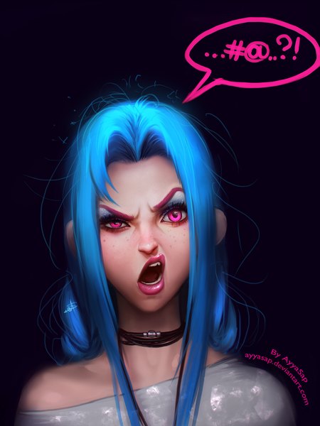 Anime picture 1536x2048 with league of legends jinx (league of legends) ayyasap single long hair tall image looking at viewer open mouth simple background signed blue hair pink eyes lips realistic inscription lipstick pink lipstick girl speech bubble