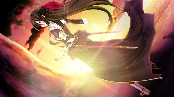 Anime picture 1024x576 with legend seven (game) long hair open mouth black hair red eyes wide image game cg evening sunset girl dress weapon sword