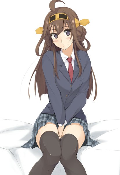 Anime picture 689x1000 with kantai collection kongou battleship zekkyon single long hair tall image looking at viewer blush simple background brown hair white background purple eyes light smile hair bun (hair buns) zettai ryouiki girl thighhighs skirt uniform hair ornament