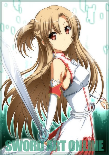 Anime picture 752x1062 with sword art online a-1 pictures yuuki asuna nori tamago single long hair tall image looking at viewer red eyes brown hair bare shoulders girl weapon detached sleeves sword