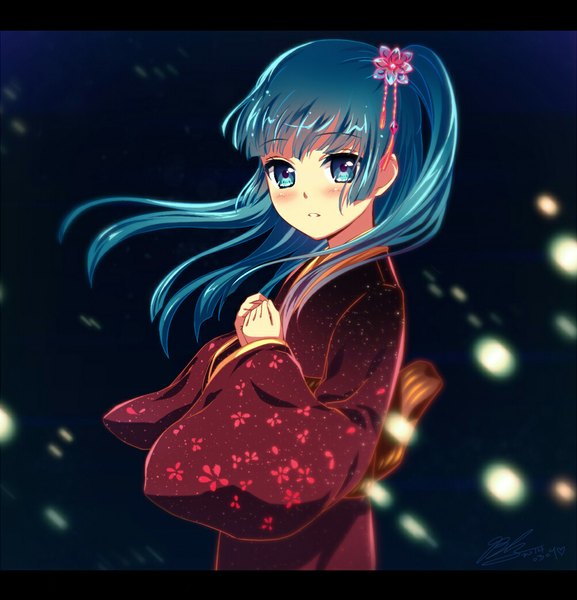 Anime picture 1000x1039 with vocaloid hatsune miku 1991 (blz) single long hair tall image looking at viewer blush fringe blue eyes signed traditional clothes japanese clothes wind aqua hair wide sleeves alternate costume embarrassed alternate hairstyle girl