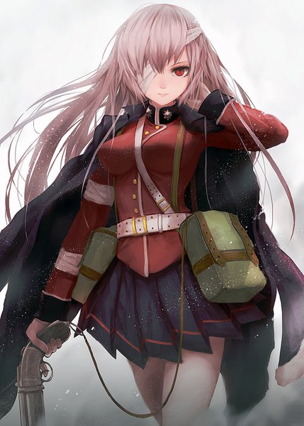 Anime picture 1073x1500 with fate (series) fate/grand order florence nightingale (fate) zen33n single long hair tall image looking at viewer fringe breasts simple background hair between eyes red eyes white background twintails holding pink hair long sleeves pleated skirt arm up
