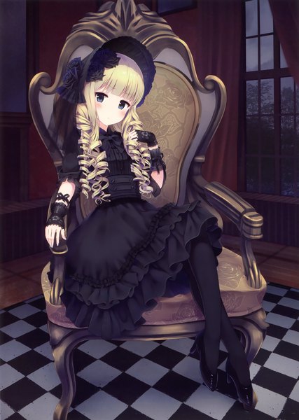 Anime picture 2489x3500 with original alc (ex2 lv) single long hair tall image looking at viewer blush highres blonde hair scan official art drill hair lolita fashion goth-loli girl dress pantyhose black pantyhose black dress bonnet