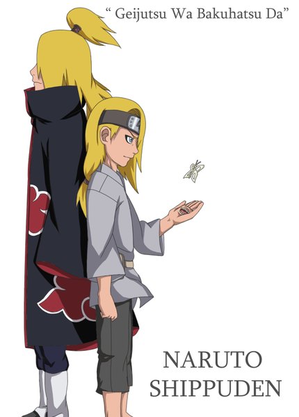 Anime picture 1246x1738 with naruto studio pierrot naruto (series) deidara long hair tall image blue eyes blonde hair inscription multiple boys back to back akatsuki boy insect butterfly 2 boys cloak bandana