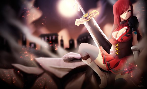 Anime picture 4215x2564 with fairy tail erza scarlet robcv single long hair fringe highres breasts red eyes wide image large breasts absurdres red hair sunlight hair over one eye tattoo coloring smoke ruins girl