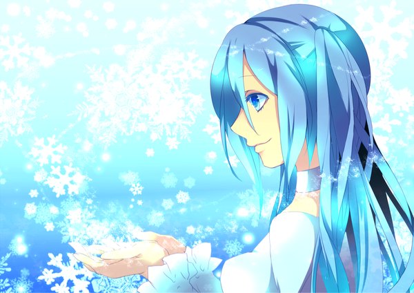 Anime picture 1200x849 with vocaloid hatsune miku aoi (kirabosi105) single long hair blue eyes blue hair profile snowing girl snowflake (snowflakes)