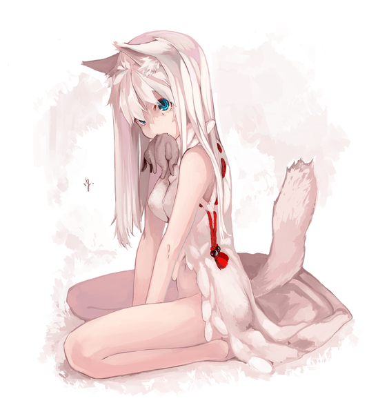 Anime picture 1155x1294 with original yes warabi single long hair tall image looking at viewer fringe blue eyes light erotic white background sitting bare shoulders animal ears bent knee (knees) white hair tail animal tail barefoot bare legs fox ears