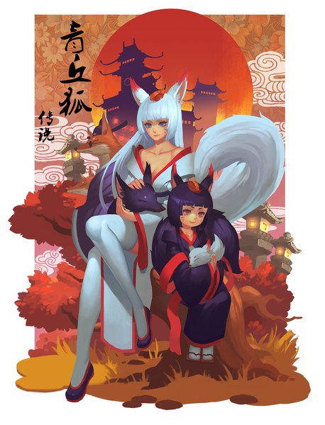 Anime picture 1525x2000 with kalata long hair tall image fringe short hair blue eyes red eyes sitting multiple girls animal ears purple hair white hair tail traditional clothes japanese clothes animal tail fox ears fox tail fox girl girl