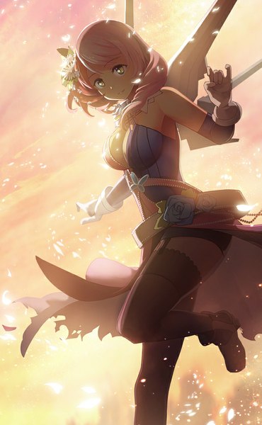 Anime picture 568x921 with tekken namco (studio) alisa boskonovich redame single long hair tall image looking at viewer blush fringe breasts smile large breasts yellow eyes pink hair sky cleavage cloud (clouds) bent knee (knees) head tilt