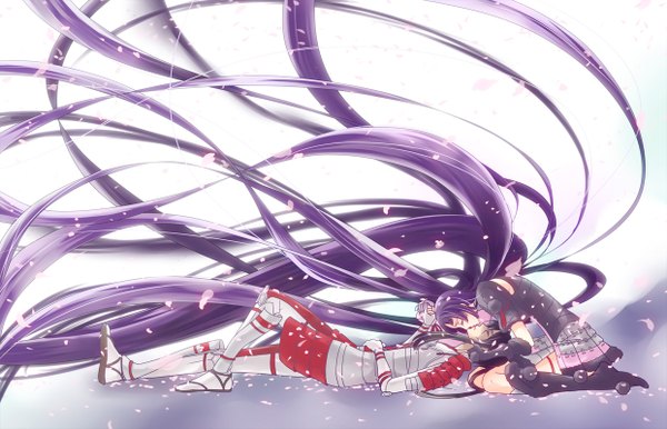 Anime picture 1242x800 with sengoku basara production i.g oichi azai nagamasa long hair black hair sitting purple hair lying eyes closed very long hair almost kiss girl boy petals armor