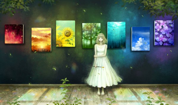 Anime picture 1158x686 with original fuumi (kazami) single short hair blonde hair wide image standing holding looking away full body barefoot wind sunlight floor against wall girl dress plant (plants) white dress leaf (leaves)