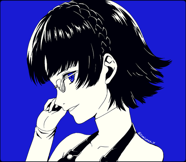 Anime picture 800x701 with persona 5 persona niijima makoto kawasemi sumika single looking at viewer short hair blue eyes simple background smile signed braid (braids) profile twitter username monochrome blue background face crown braid bespectacled girl
