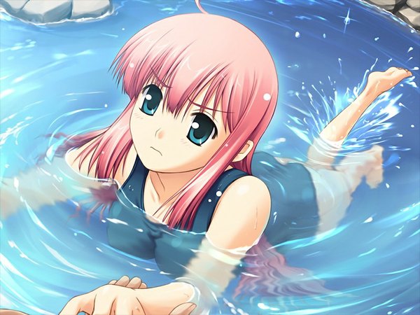 Anime picture 1024x768 with kimi ga aruji de shitsuji ga ore de kuonji yume long hair light erotic pink hair game cg girl swimsuit