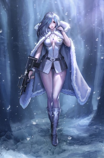 Anime picture 989x1500 with original chaosringen single long hair tall image fringe breasts light erotic purple eyes holding looking away cleavage silver hair hair over one eye realistic legs fur trim thigh gap snowing snow
