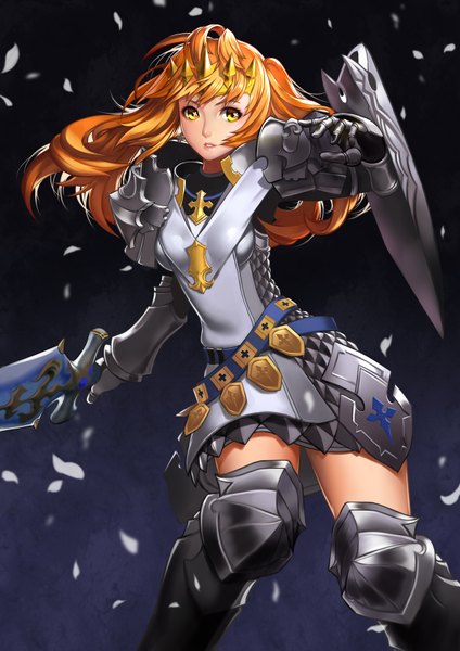 Anime picture 2480x3507 with final fantasy final fantasy xiv square enix hyur single long hair tall image looking at viewer fringe highres standing twintails yellow eyes wind orange hair outstretched arm dark background spread arms knight girl