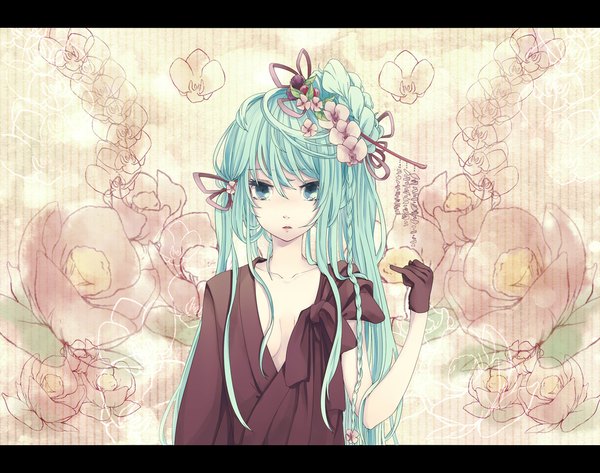 Anime picture 1076x850 with vocaloid hatsune miku single long hair looking at viewer fringe breasts light erotic upper body braid (braids) traditional clothes parted lips japanese clothes arm up aqua eyes aqua hair letterboxed side braid floral background girl