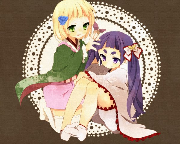 Anime picture 1600x1280 with ao no exorcist a-1 pictures moriyama shiemi kamiki izumo tagme (artist) long hair short hair open mouth simple background blonde hair purple eyes twintails multiple girls green eyes purple hair traditional clothes hair flower girl thighhighs hair ornament