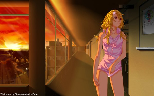 Anime picture 1280x800 with light erotic blonde hair red eyes wide image indoors evening sunset girl underwear panties hall