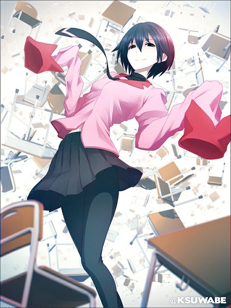 Anime picture 702x936 with owarimonogatari shaft (studio) monogatari (series) oshino ougi kei-suwabe single tall image looking at viewer fringe short hair black hair smile standing white background signed pink hair long sleeves pleated skirt multicolored hair arm up