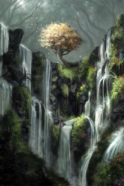 Anime picture 1280x1920 with ninjatic tall image no people landscape waterfall plant (plants) tree (trees) water leaf (leaves)