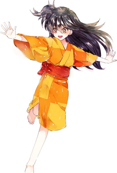 Anime picture 815x1200 with inuyasha rin (inuyasha) ahma single long hair tall image fringe open mouth black hair hair between eyes standing brown eyes bent knee (knees) traditional clothes :d japanese clothes barefoot one side up looking down standing on one leg
