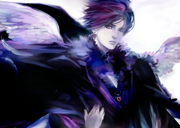 Anime picture 1107x786 with original athena-chan (artist) single purple eyes purple hair angel wings boy earrings wings pendant feather (feathers)