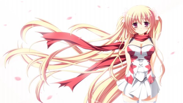 Anime picture 1280x720 with fortissimo//akkord:bsusvier (game) sakura (fortissimo) ooba kagerou single long hair blonde hair simple background red eyes wide image white background game cg girl dress petals scarf